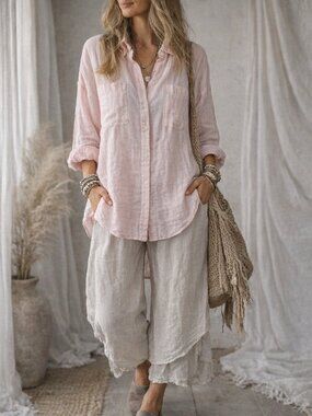 J. Jill Love Linen Button Up Tunic Top Double Pocket Pink XL Blouse Lagonlook